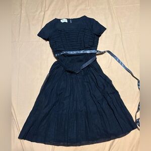 Vintage 50s Henry-Lee Black Party Dress Full Skirt Pleated Bodice Tea Length S